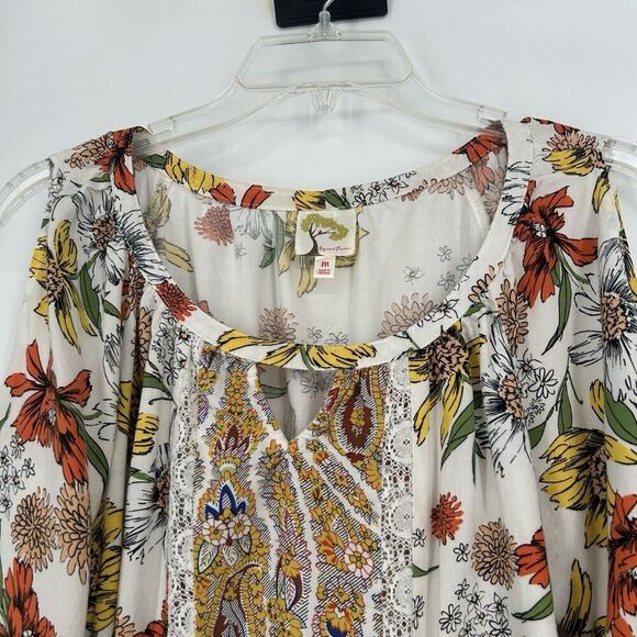 Fig & Flower Boho Peasant Top White Lace Long Slit Balloon Sleeves Yellow Size M - Picture 2 of 10